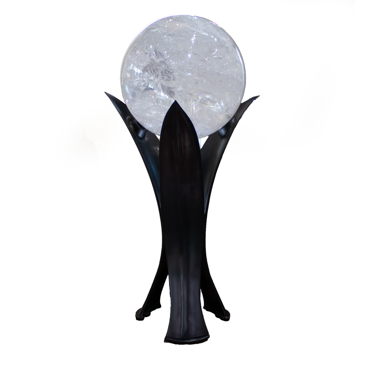 A++ Clear Quartz Sphere on Illuminated Stand with Tri-Leaf Design and Roller Ball Feature