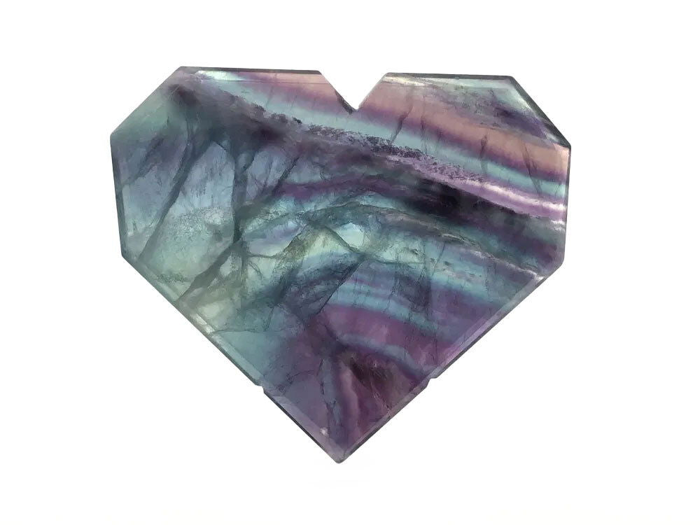 Rainbow Fluorite Heart - Flat with Faceted Faces on Lucite Stand (Diagonal Banding with Large Purple Section at Tip)