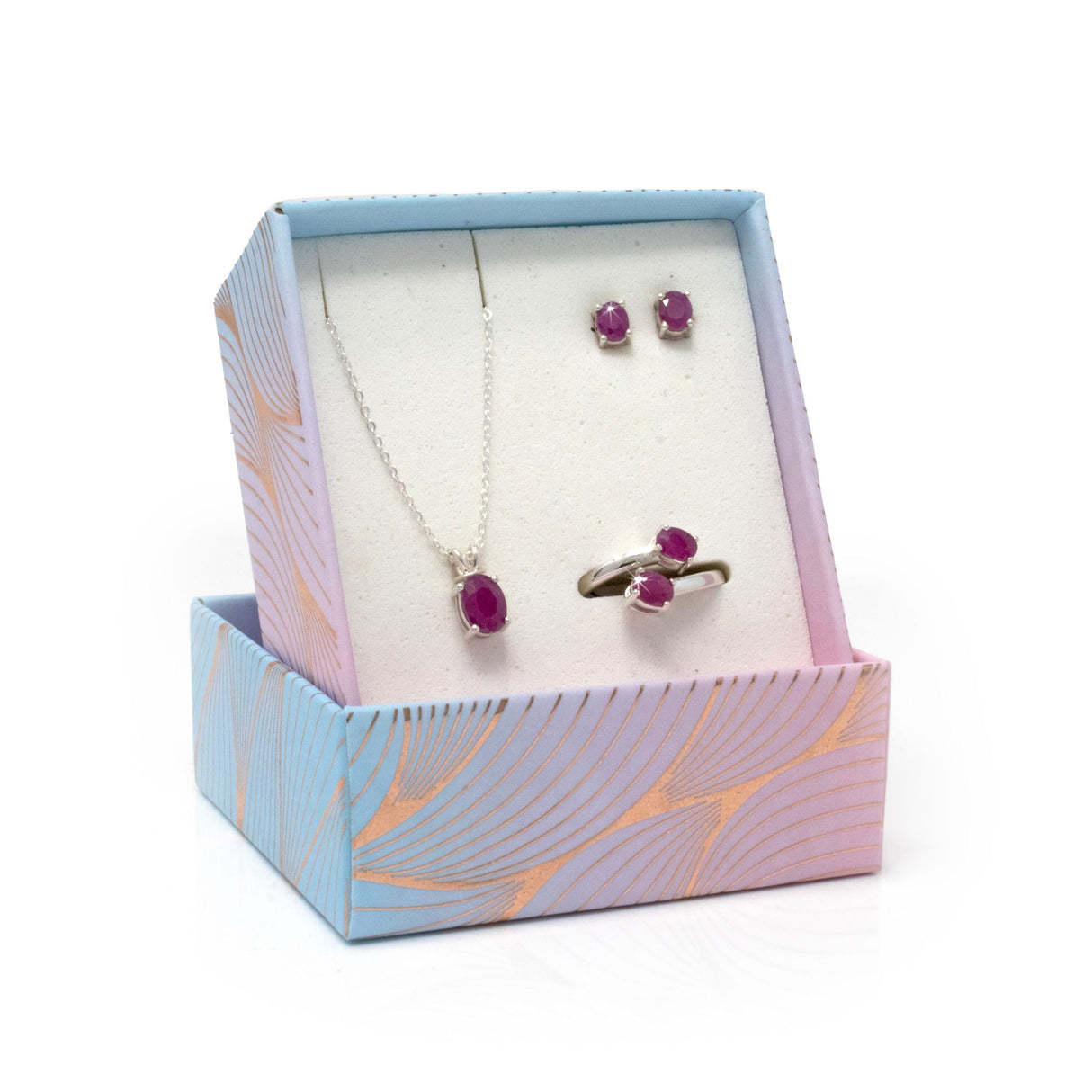 Faceted Ruby Set with Necklace & Stud Earrings & Duo Ring with Open Top - Faceted Prong Set Oval Size 7