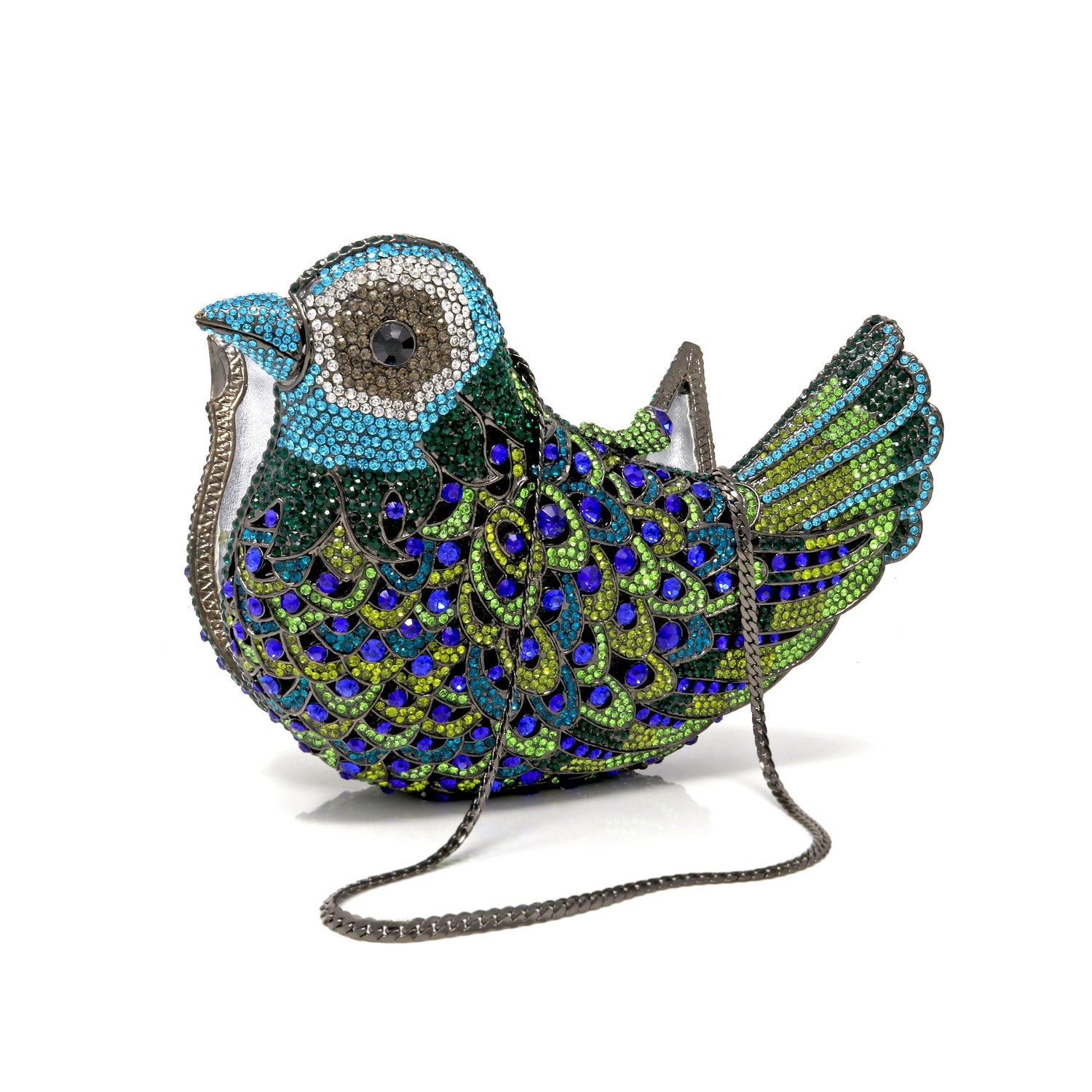 Peacock Colors Bird Crystal Purse with Chain - Black Eyes Oxidized Tone