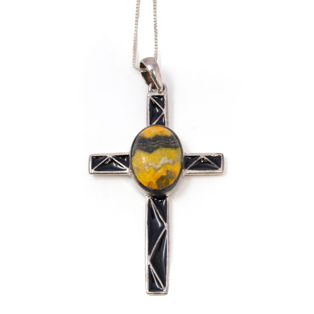 View of Bumblebee Jasper Cross Pendant - Oval Cabochon in Center of Cross with Mosaic Arms & 925 Sterling Silver Channeling