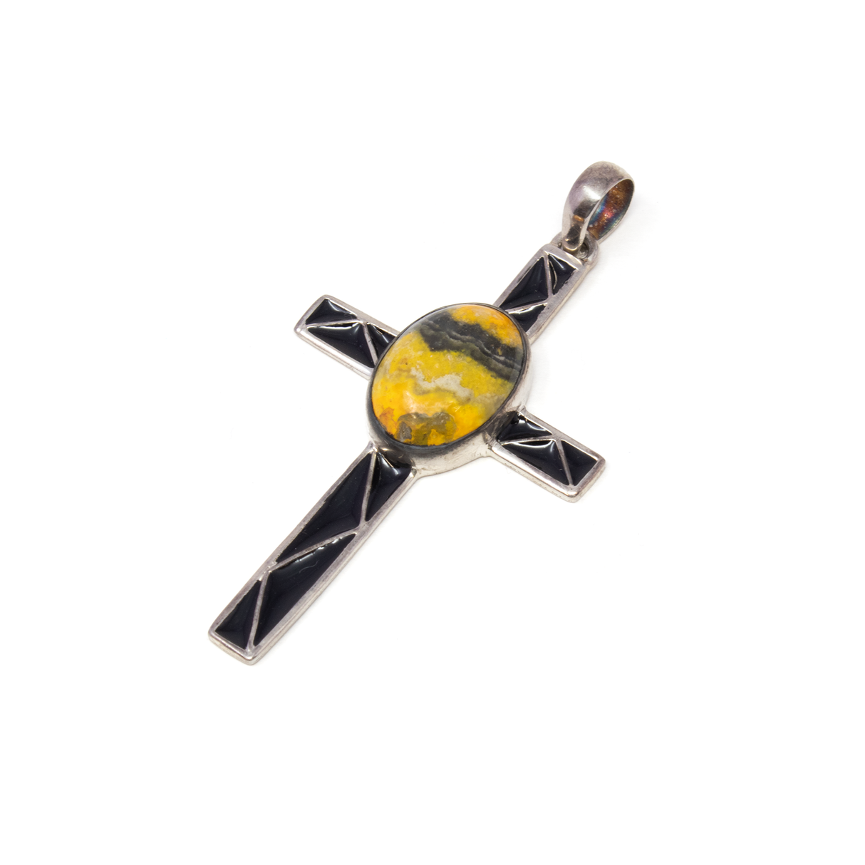 Bumblebee Jasper Cross Pendant - Oval Cabochon in Center of Cross with Mosaic Arms & 925 Sterling Silver Channeling