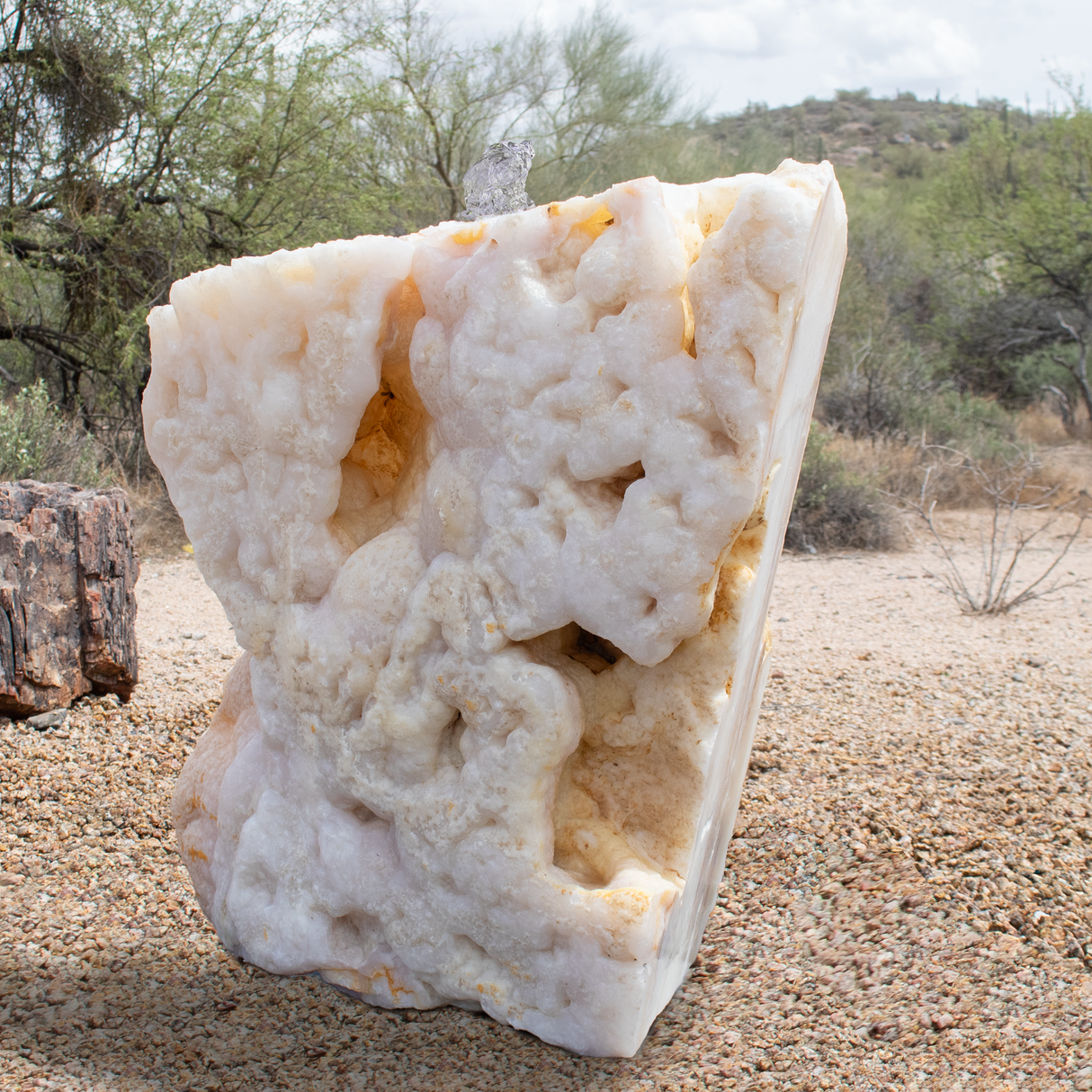 View of White Onyx Fountain with Cut Side and Bubbly Side with Set Pin Plate