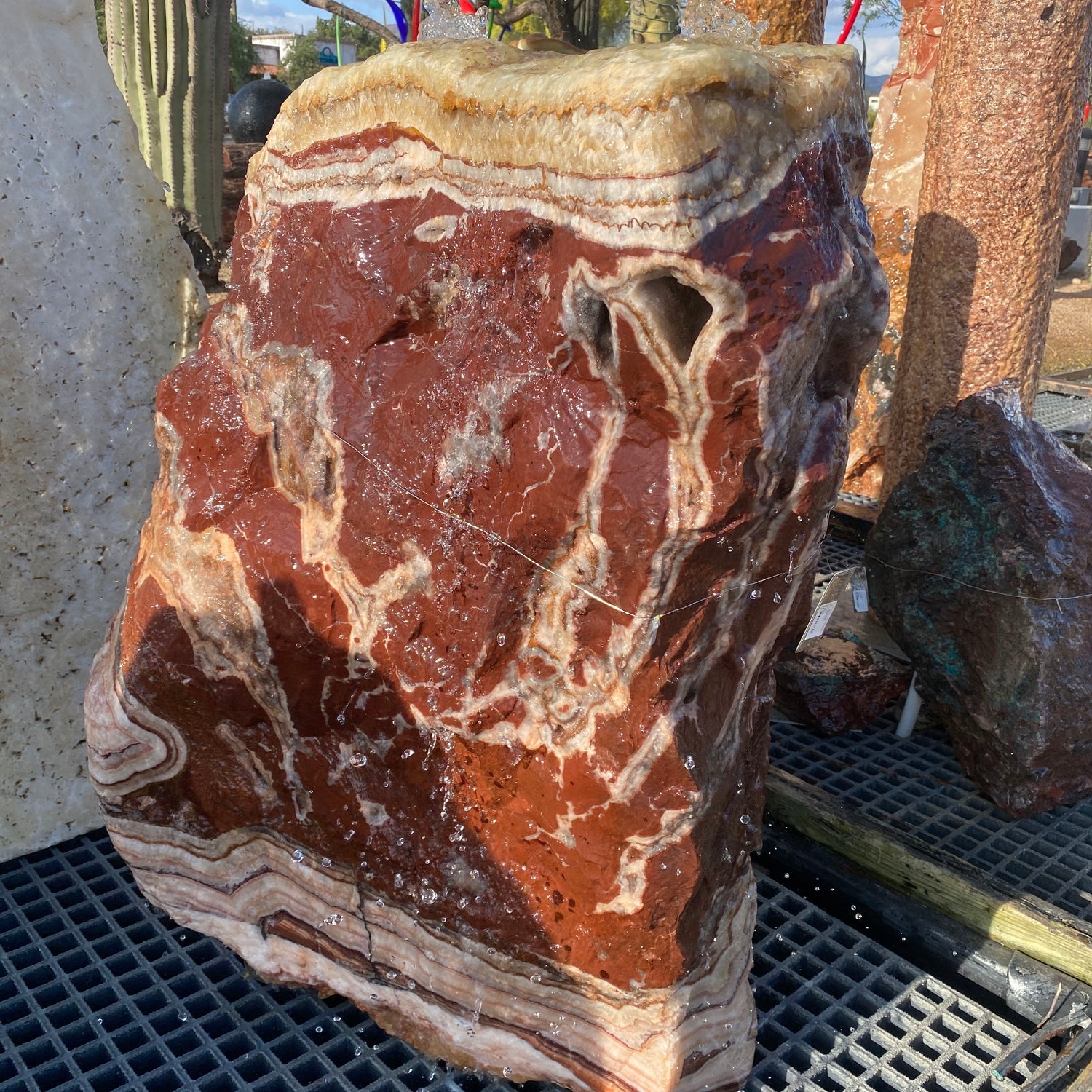 View of Serpentine Onyx Fountain - Aqua Calcite Top With 2 Holes