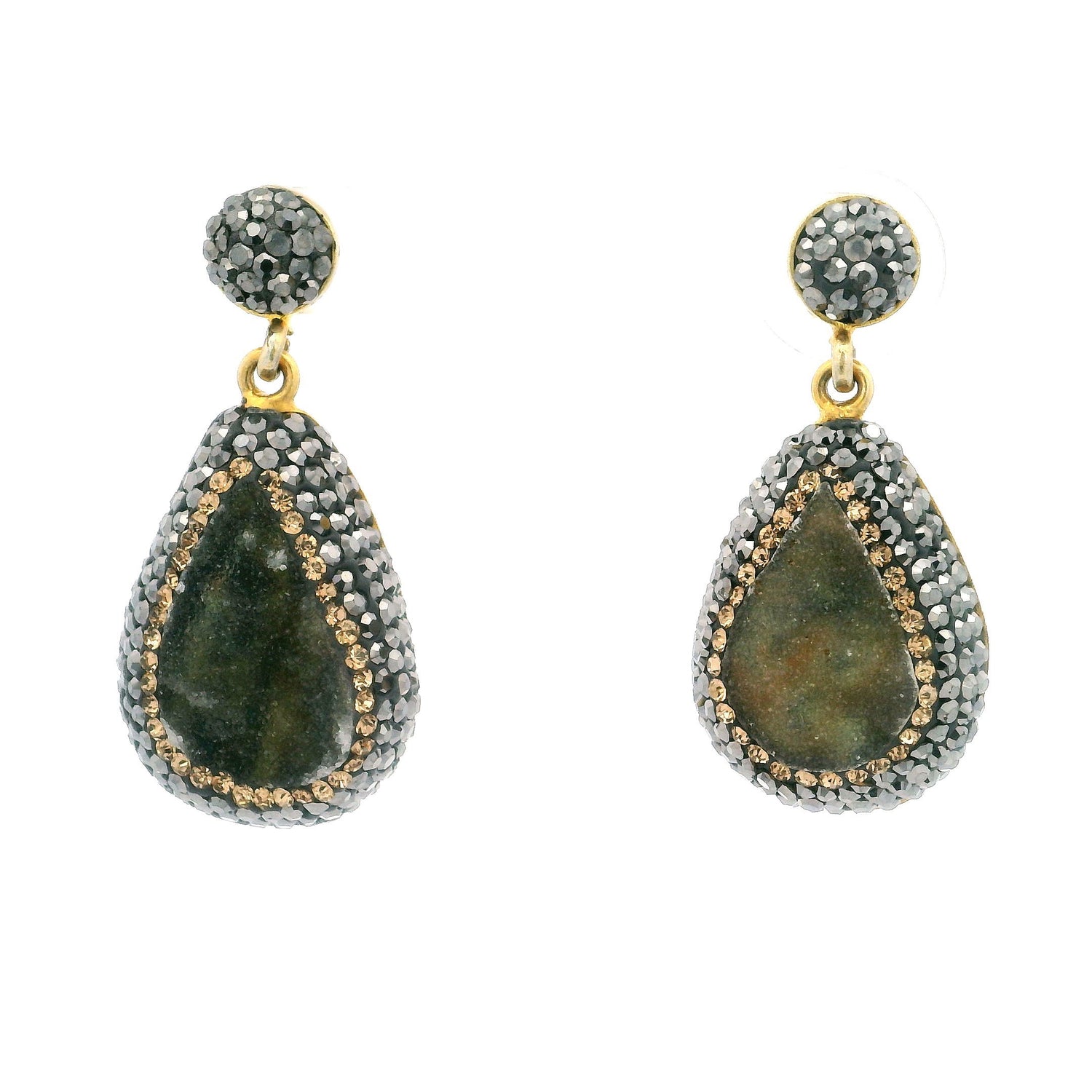 Natural Green Druze Dangle Earrings - Druze Pear with Marcasite & Gold Swarovski Crystals with Gold Vermeil over 925 Sterling Silver