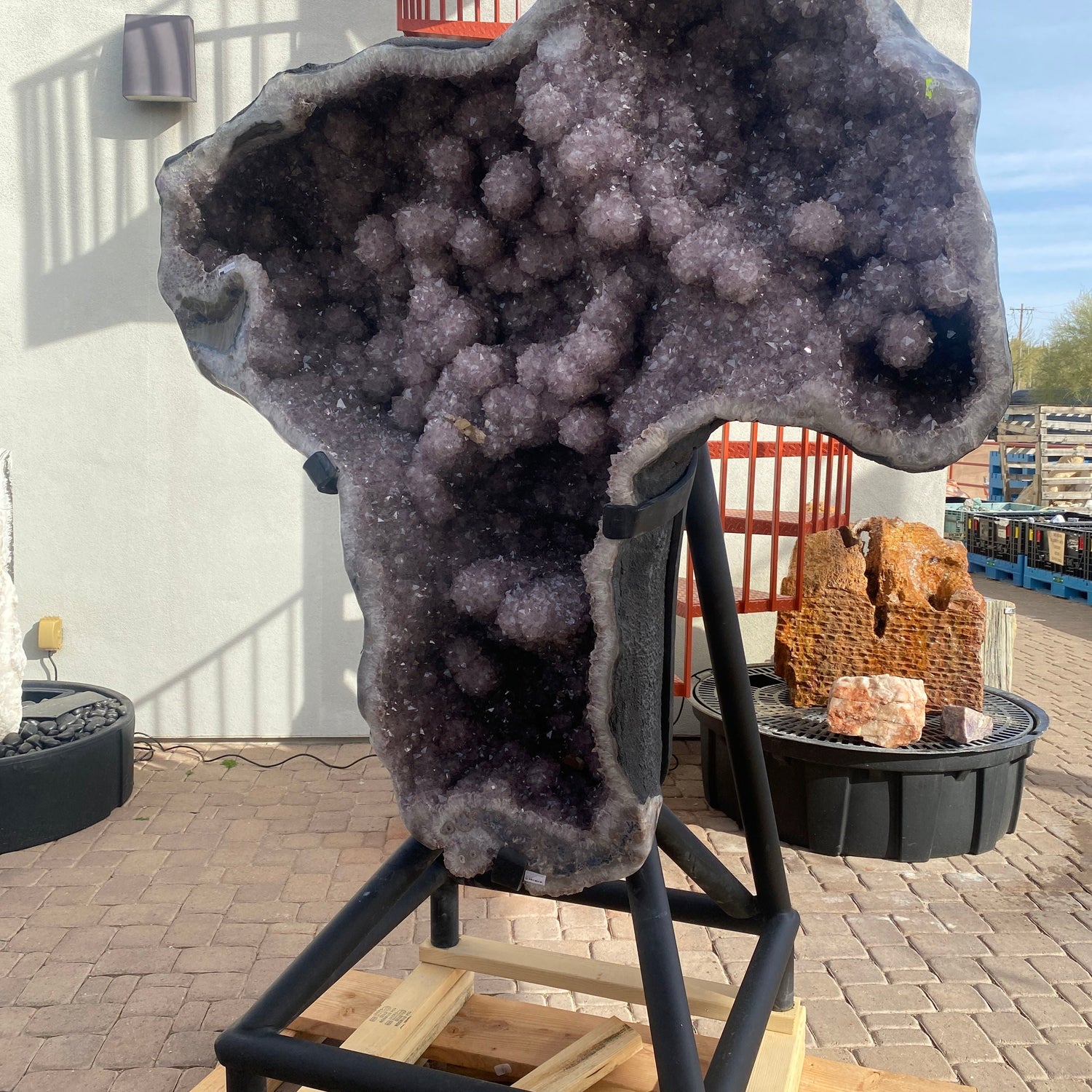Amethyst Geode with Stalactite & Calcite Crystal Inclusions on Fitted Pipe Stand