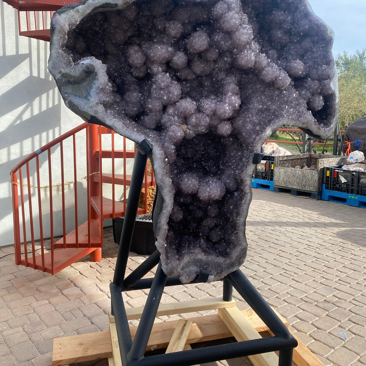 View of Amethyst Geode with Stalactite & Calcite Crystal Inclusions on Fitted Pipe Stand