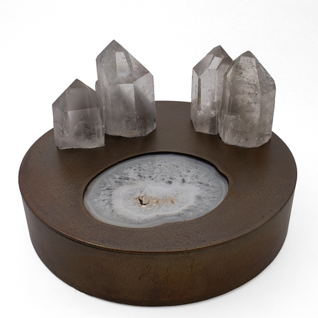 View of Crystal Power Luminary - Illuminated Agate Slice on Bronze Patina Steel Round Light Box with 4 Lodolite Quartz Points