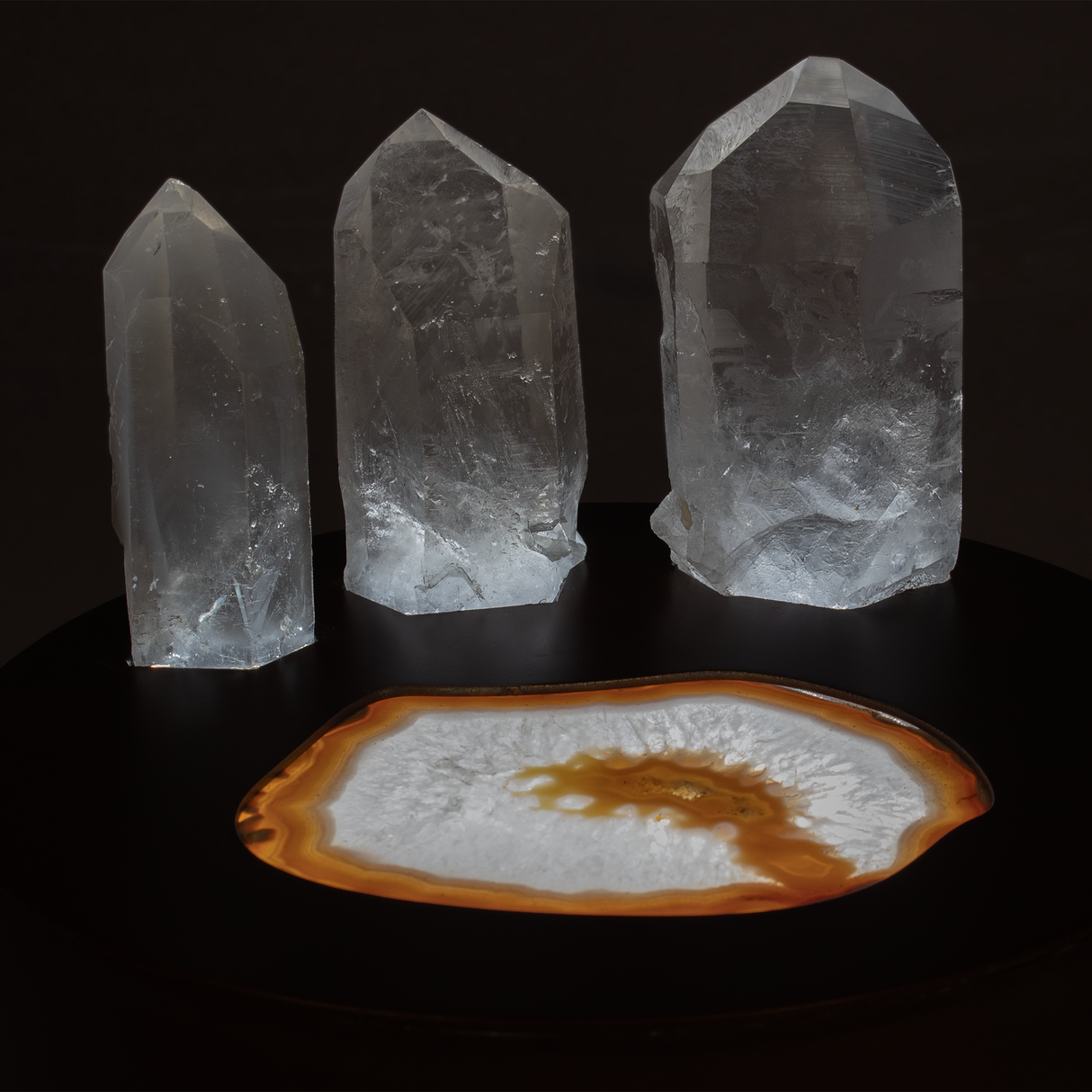 Crystal Power Luminary - Illuminated Agate Slice on Copper Patina Steel Round Light Box with 3 Lodolite Quartz Points