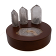 View of Crystal Power Luminary - Illuminated Agate Slice on Copper Patina Steel Round Light Box with 3 Lodolite Quartz Points