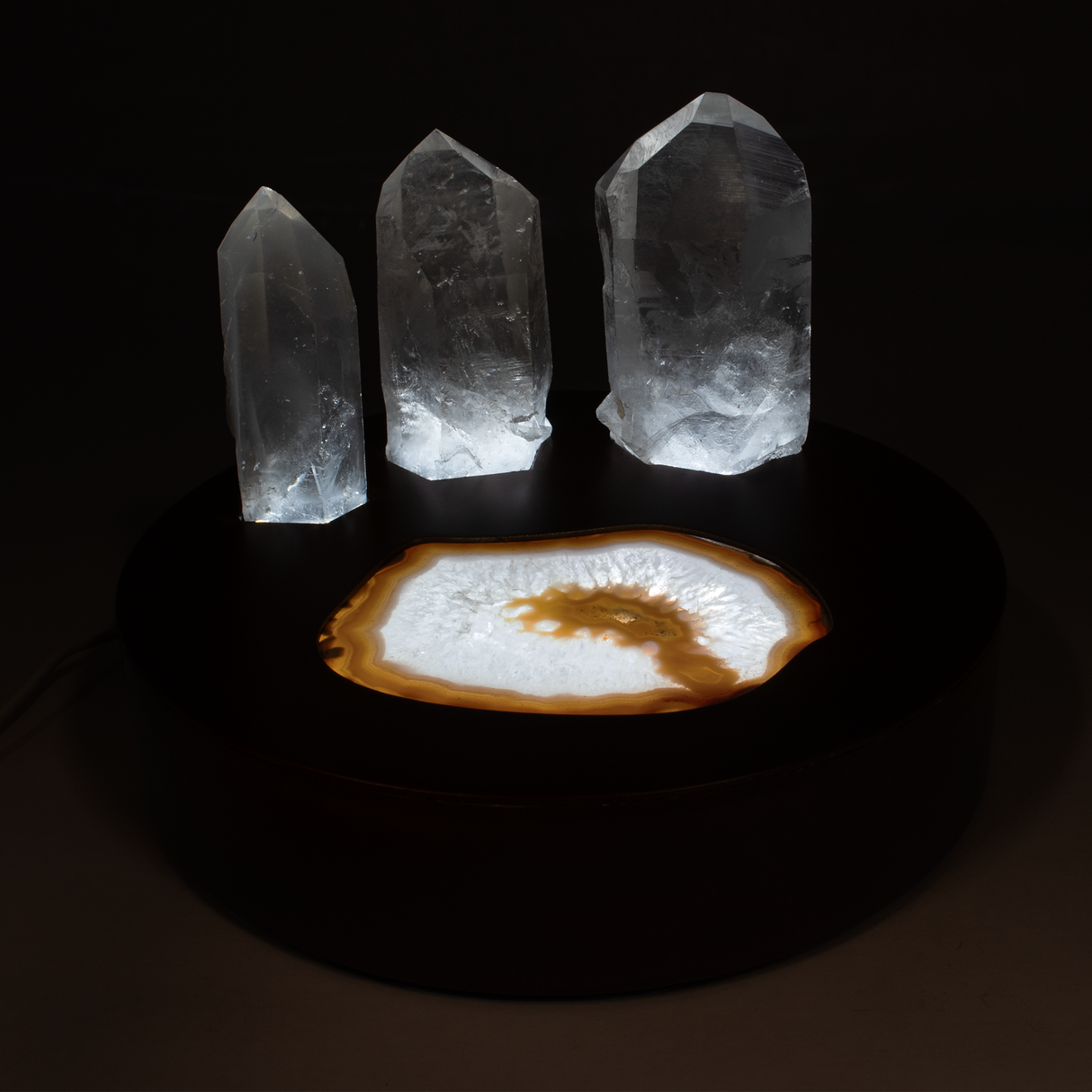Crystal Power Luminary - Illuminated Agate Slice on Copper Patina Steel Round Light Box with 3 Lodolite Quartz Points