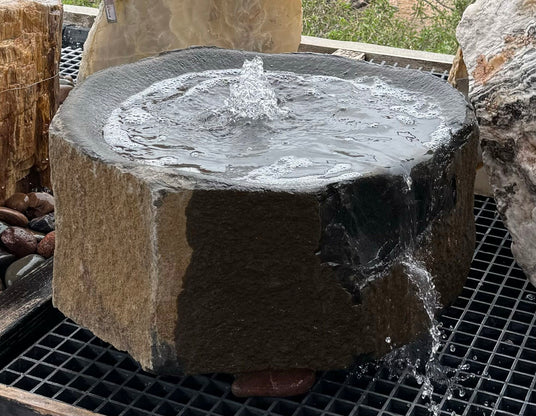View of Basalt Dish Rock Fountain - Medium ***No Basin