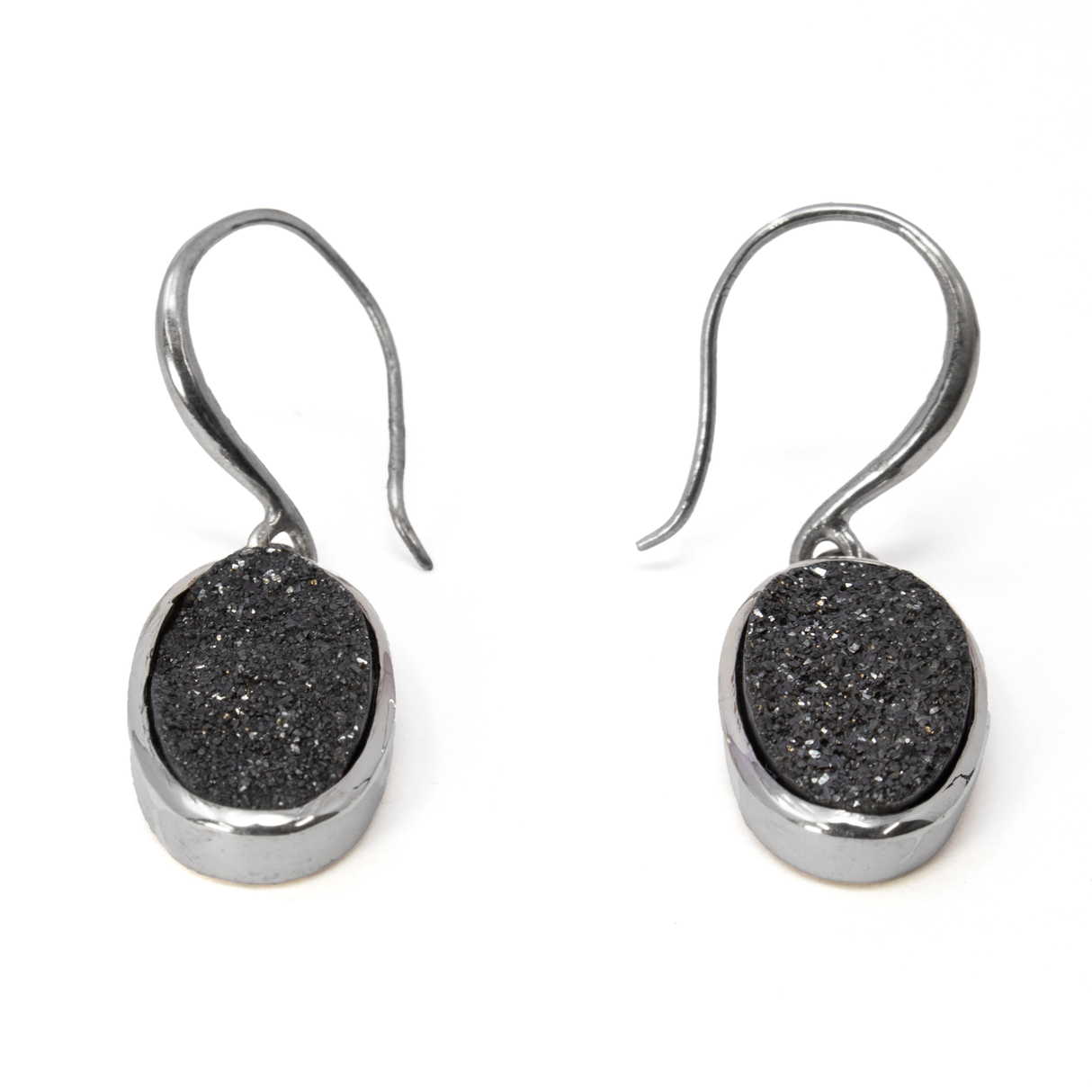 View of Black Titanium Druze Dangle Earrings - Elongated Oval with 925 Sterling Silver Bezel