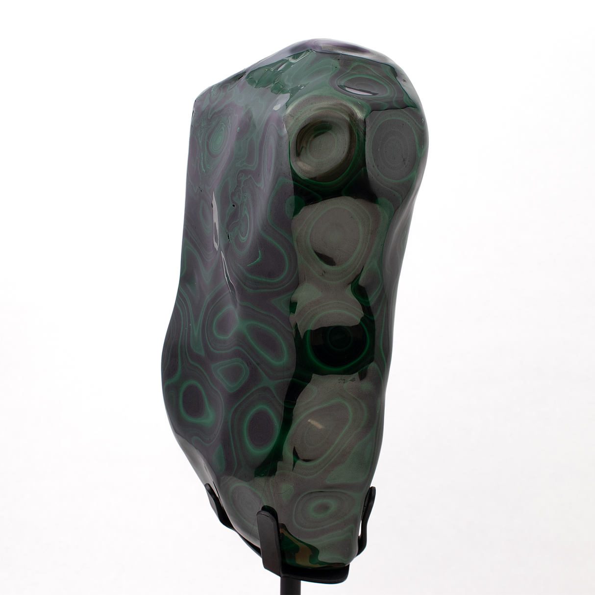 Freeform Polished Malachite on Rotating Round Custom Stand - Natural Crevasse in Wedge and Striking Eye Patterns with 2 -Tone Copper Cog Design