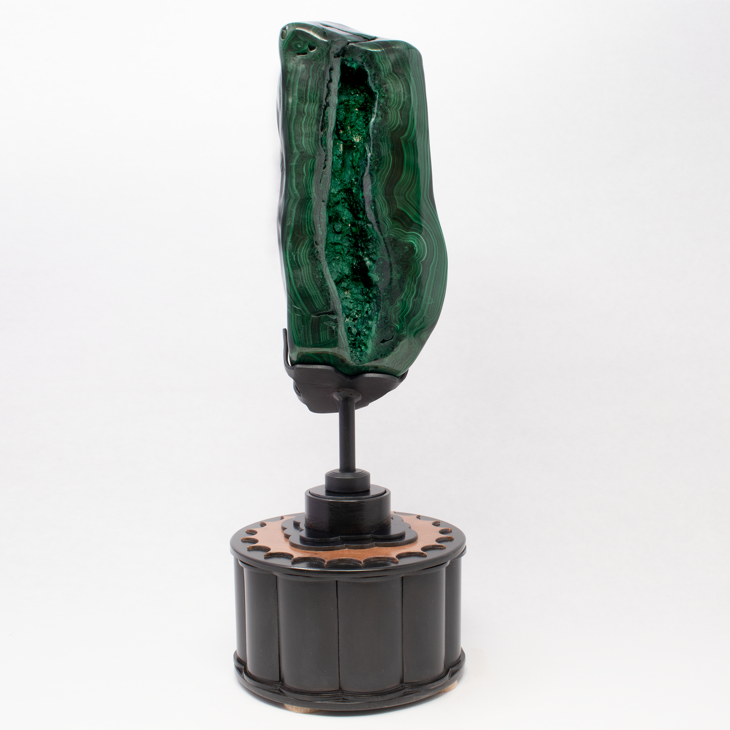 Freeform Polished Malachite on Rotating Round Custom Stand - Natural Crevasse in Wedge and Striking Eye Patterns with 2 -Tone Copper Cog Design