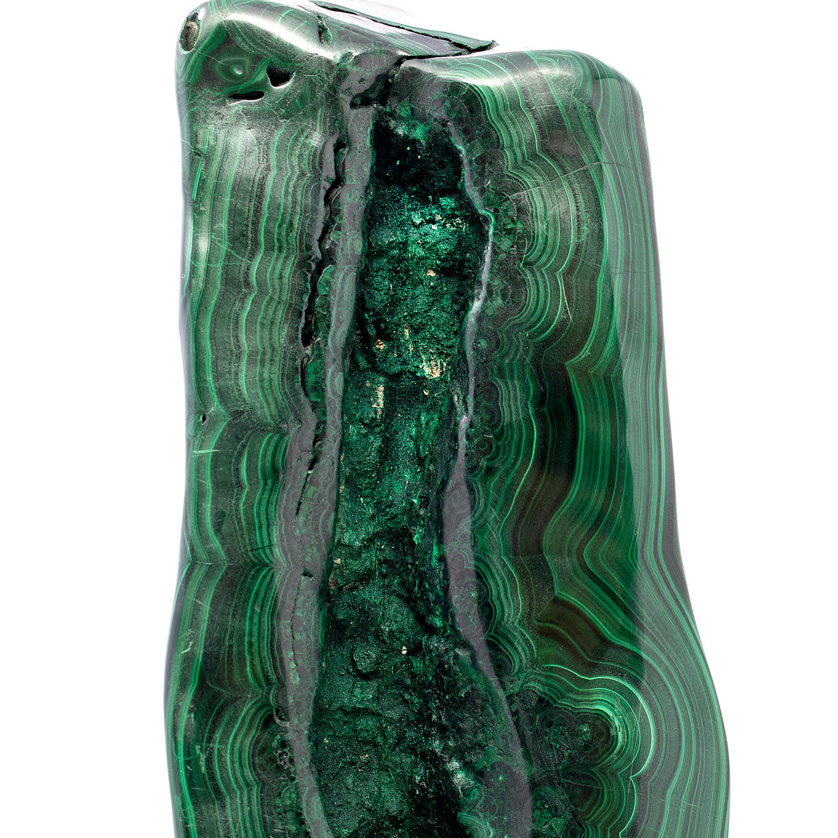 Freeform Polished Malachite on Rotating Round Custom Stand - Natural Crevasse in Wedge and Striking Eye Patterns with 2 -Tone Copper Cog Design