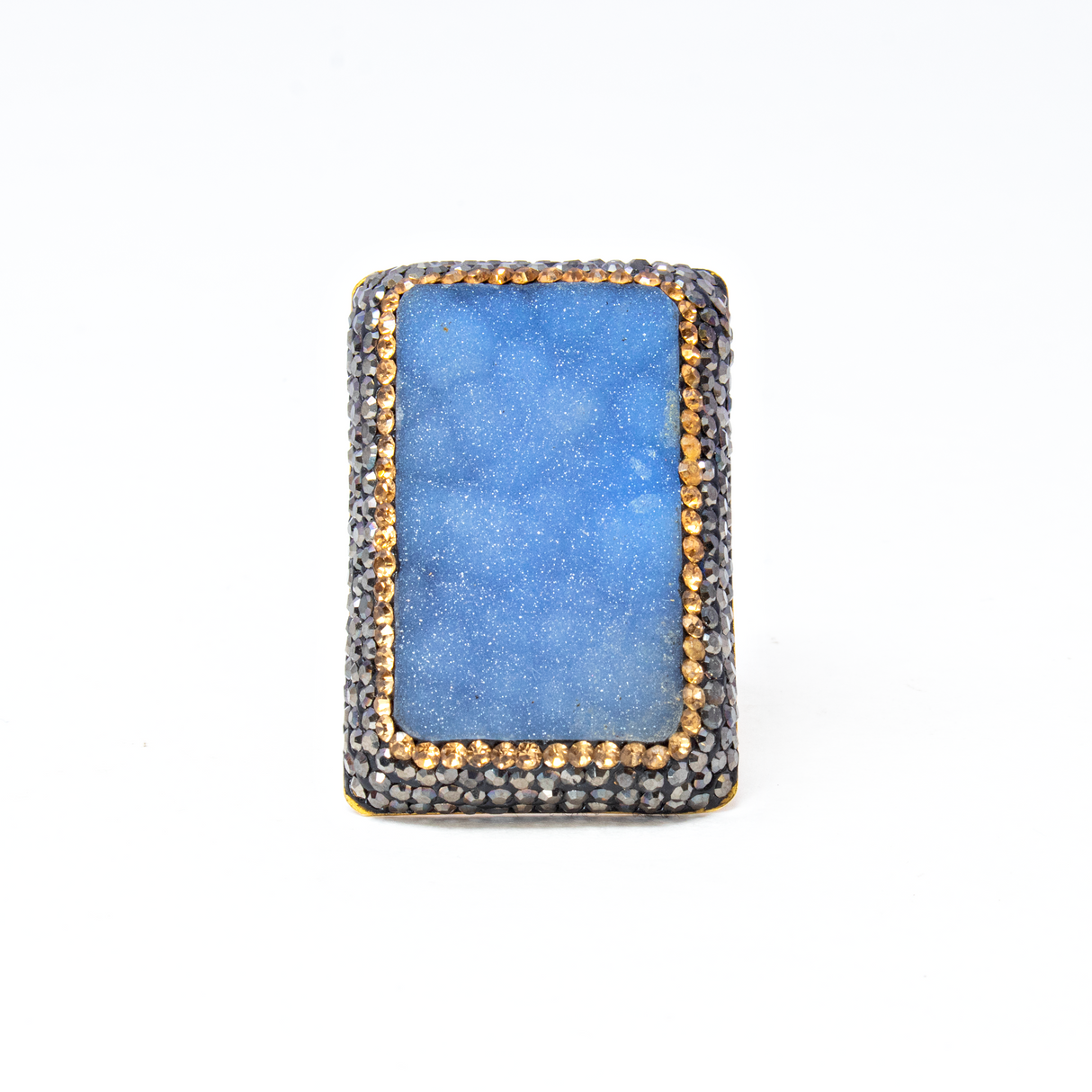 Natural Blue Druze Ring -Rectangle With Gold Crystals & Marcasite Szadj