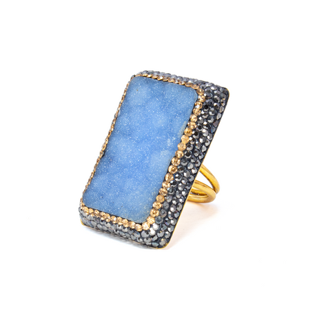 View of Natural Blue Druze Ring -Rectangle With Gold Crystals & Marcasite Szadj