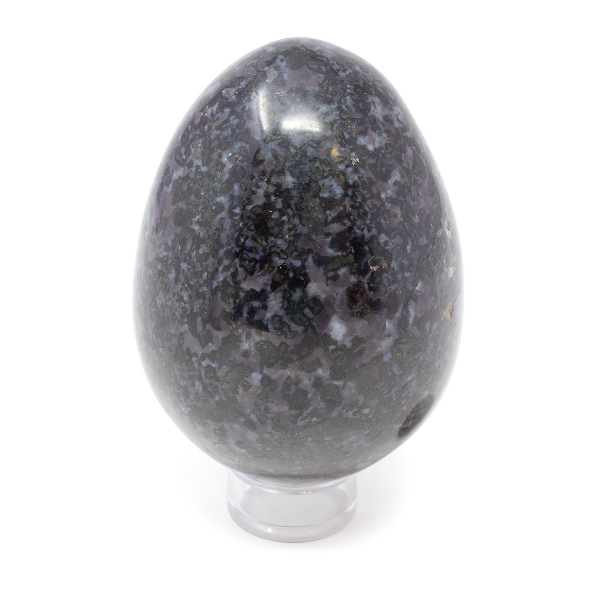 View of Indigo Gabbro Egg aka Merlinite on Lucite Stand