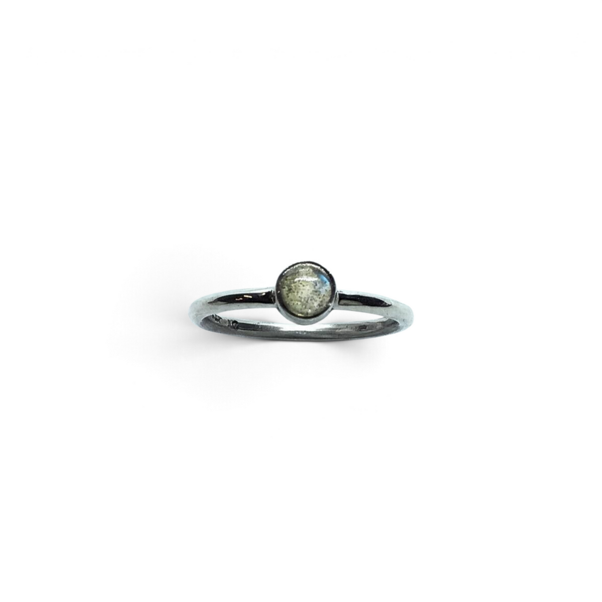 Rare Earth Gallery dainty round labradorite cabochon ring set in a polished silver bezel