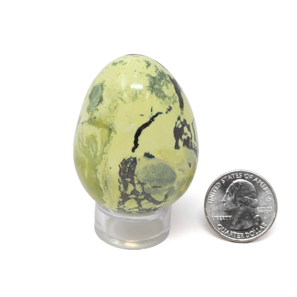 Serpentine Egg with Pyrite Inclusions on Lucite Stand from Peru