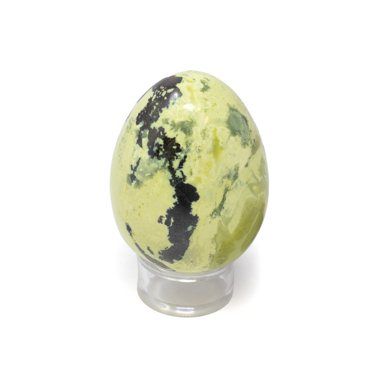 View of Serpentine Egg with Pyrite Inclusions on Lucite Stand from Peru