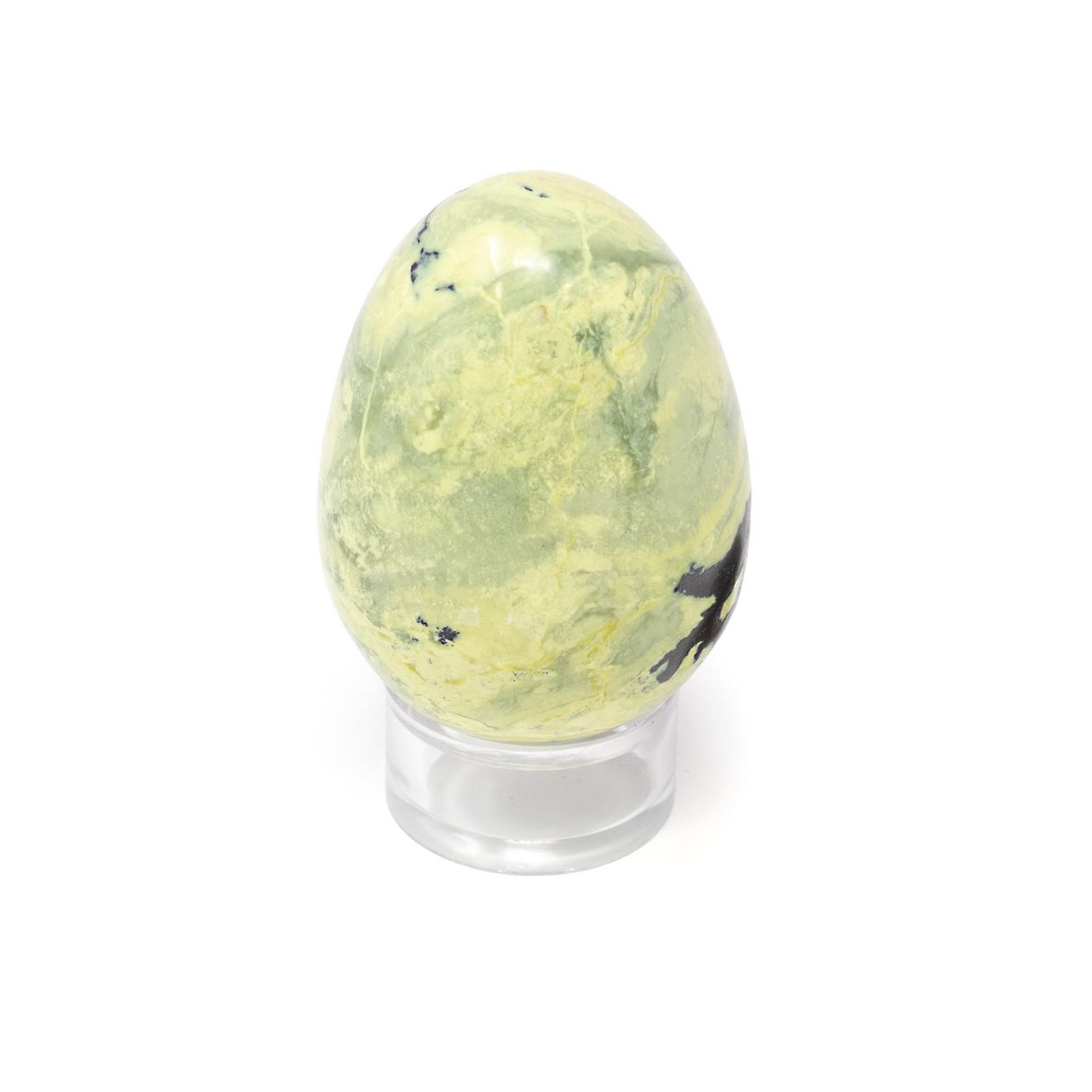 Serpentine Egg with Pyrite Inclusions on Lucite Stand from Peru