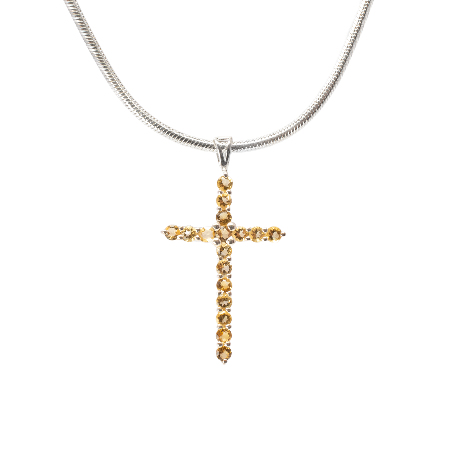 View of Citrine Cross Pendant - 17 Dainty Faceted Rounds Set on 925 Sterling Silver Cross