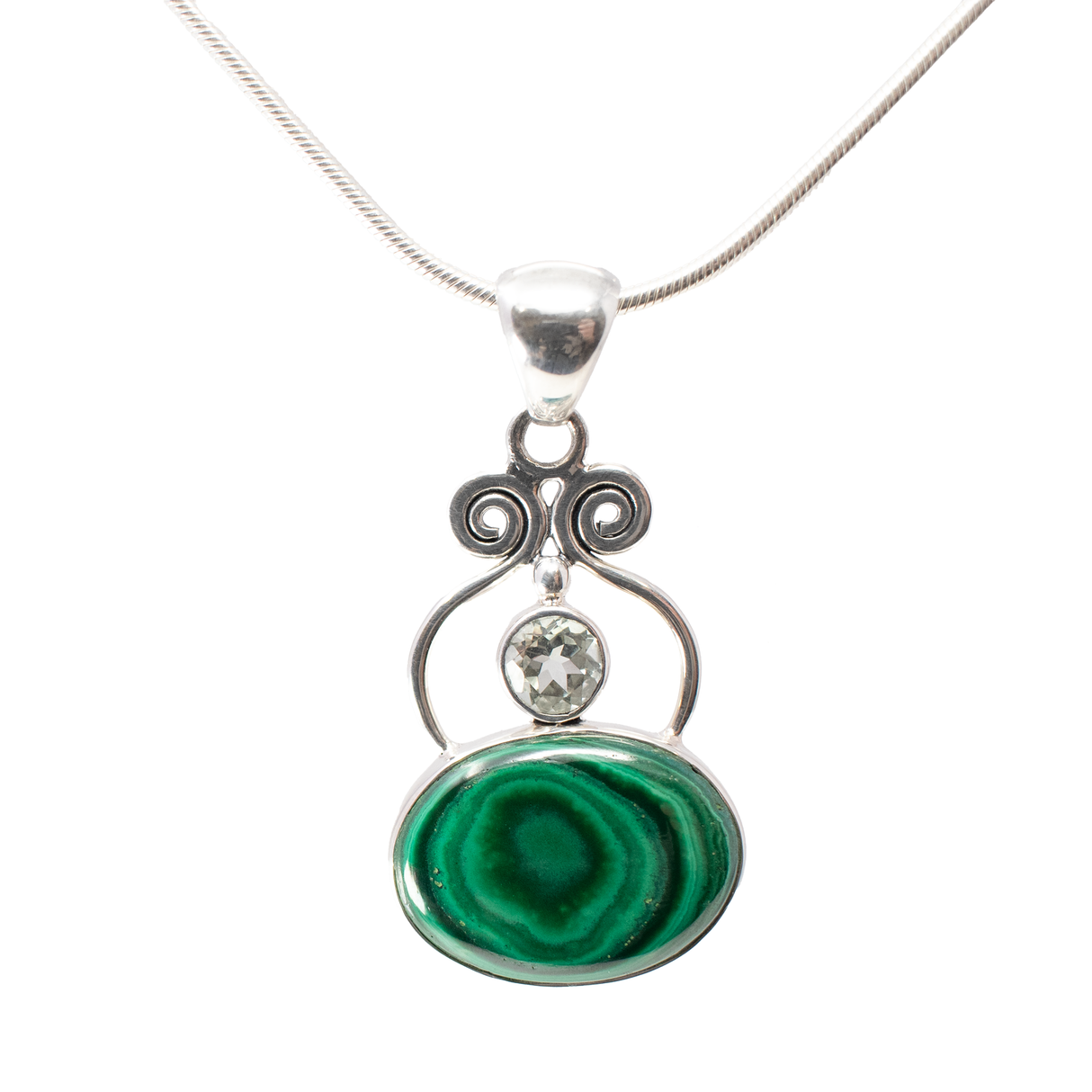 View of Malachite Pendant - Oval Cabochon with Faceted Blue Topaz Round Set in 925 Sterling Silver Bezels & Swirls