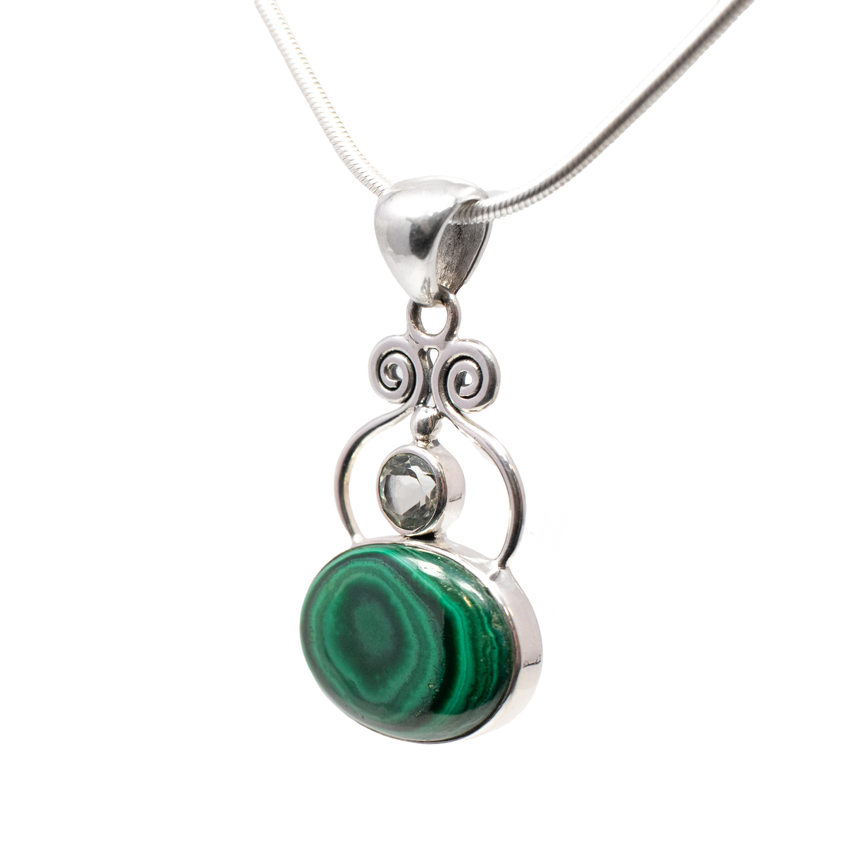 Malachite Pendant - Oval Cabochon with Faceted Blue Topaz Round Set in 925 Sterling Silver Bezels & Swirls