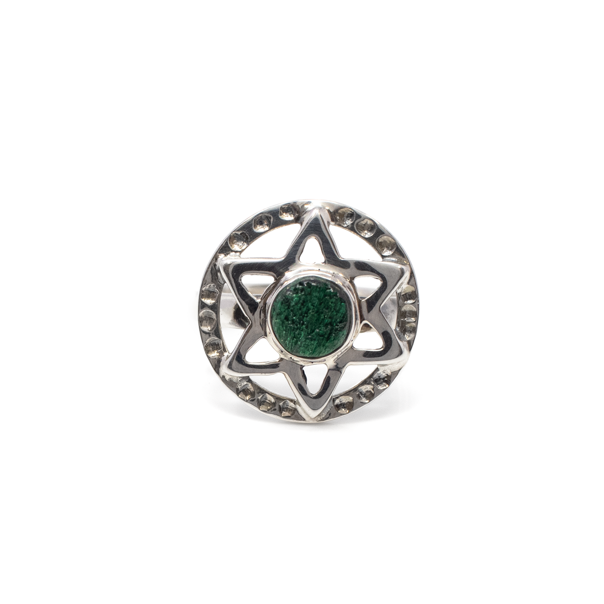 View of Malachite Ring - Chatoyant Round Set on 925 Sterling Silver Bezel with 6-Sided Star in Open Circle with Stamping sz7