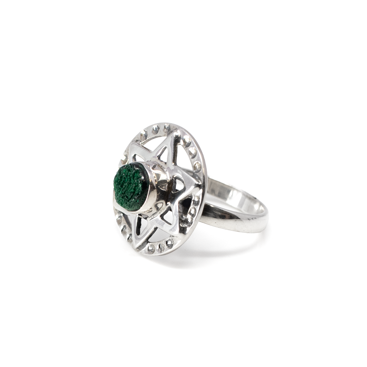 Malachite Ring - Chatoyant Round Set on 925 Sterling Silver Bezel with 6-Sided Star in Open Circle with Stamping sz7