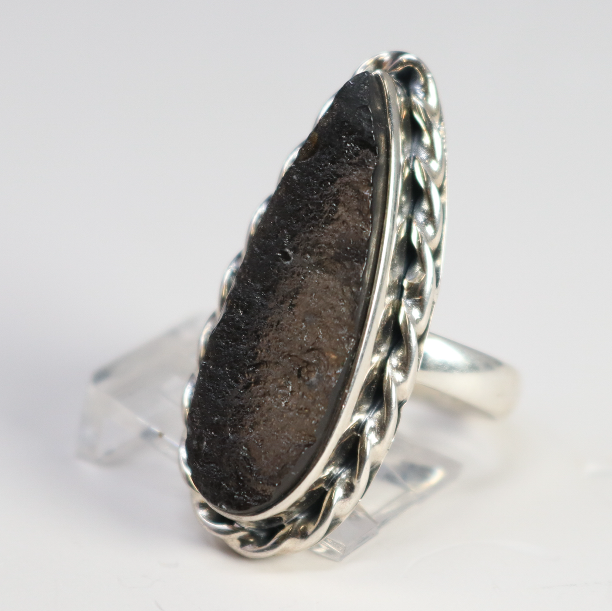 View of Agni Manitite aka Pearl Of Fire Tektite Ring - Organic Elongated Pear with 925 Sterling Silver Twist Bezel Edge sz7