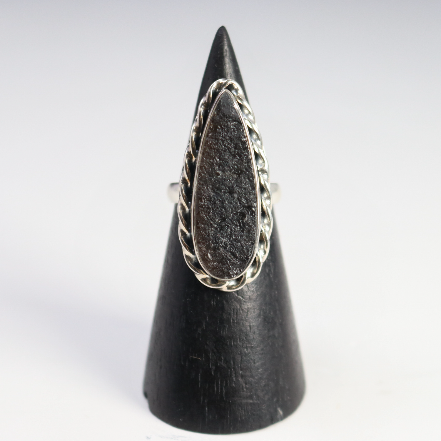 Agni Manitite aka Pearl Of Fire Tektite Ring - Organic Elongated Pear with 925 Sterling Silver Twist Bezel Edge sz7