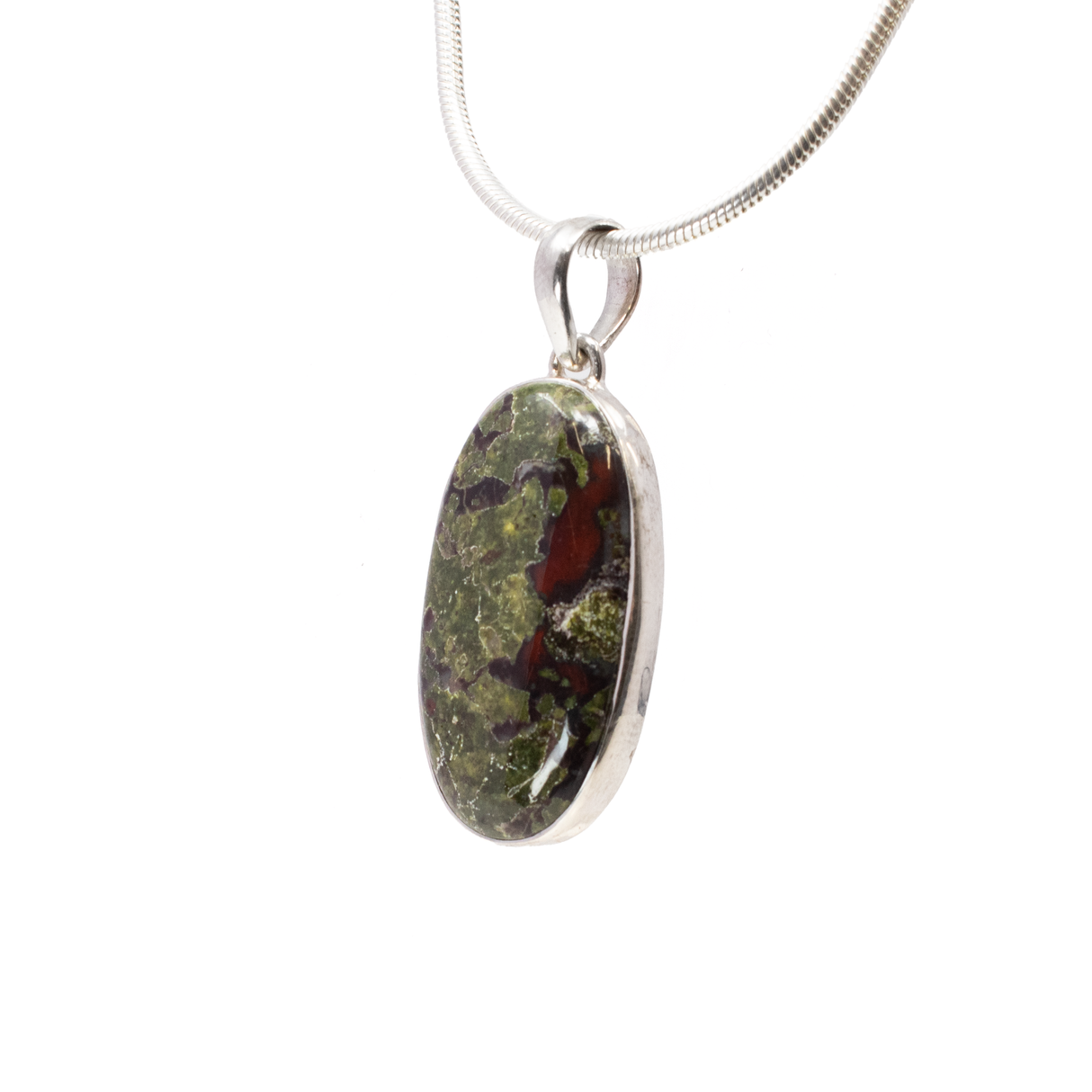 Dragon Bloodstone Pendant - Oval Cabochon with Simple 925 Sterling Silver Bezel