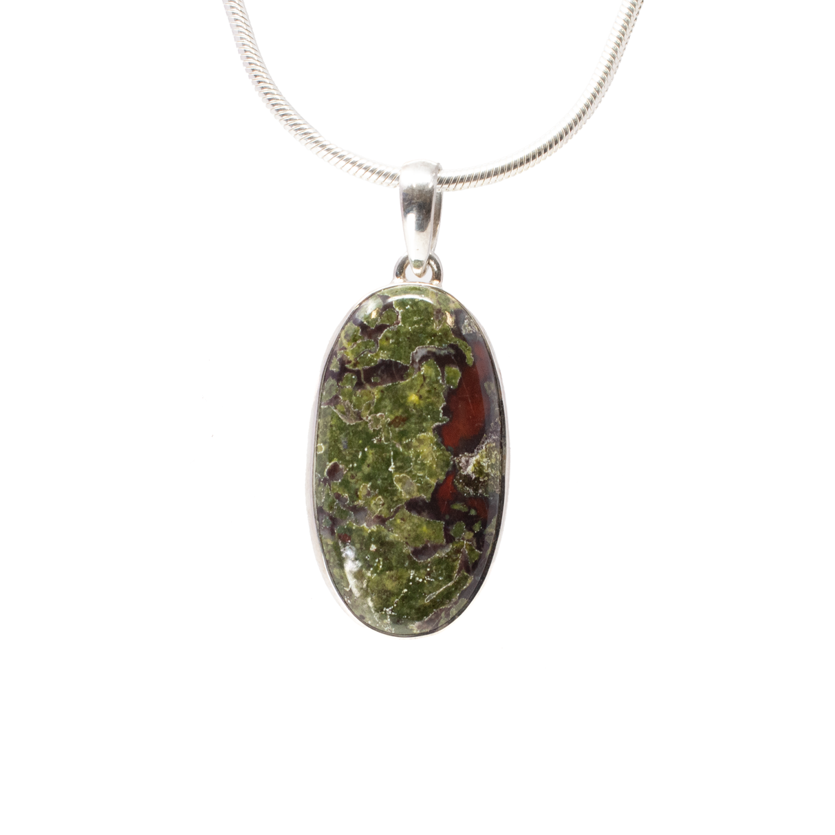 View of Dragon Bloodstone Pendant - Oval Cabochon with Simple 925 Sterling Silver Bezel