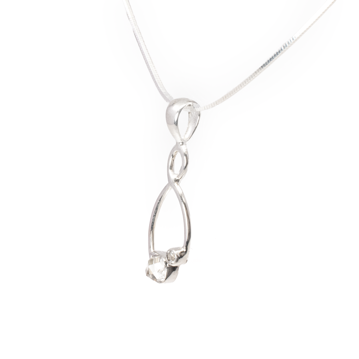 Herkimer Diamond Pendant - Freeform with Faceted Quartz Round Set on 925 Sterling Silver Wishbone
