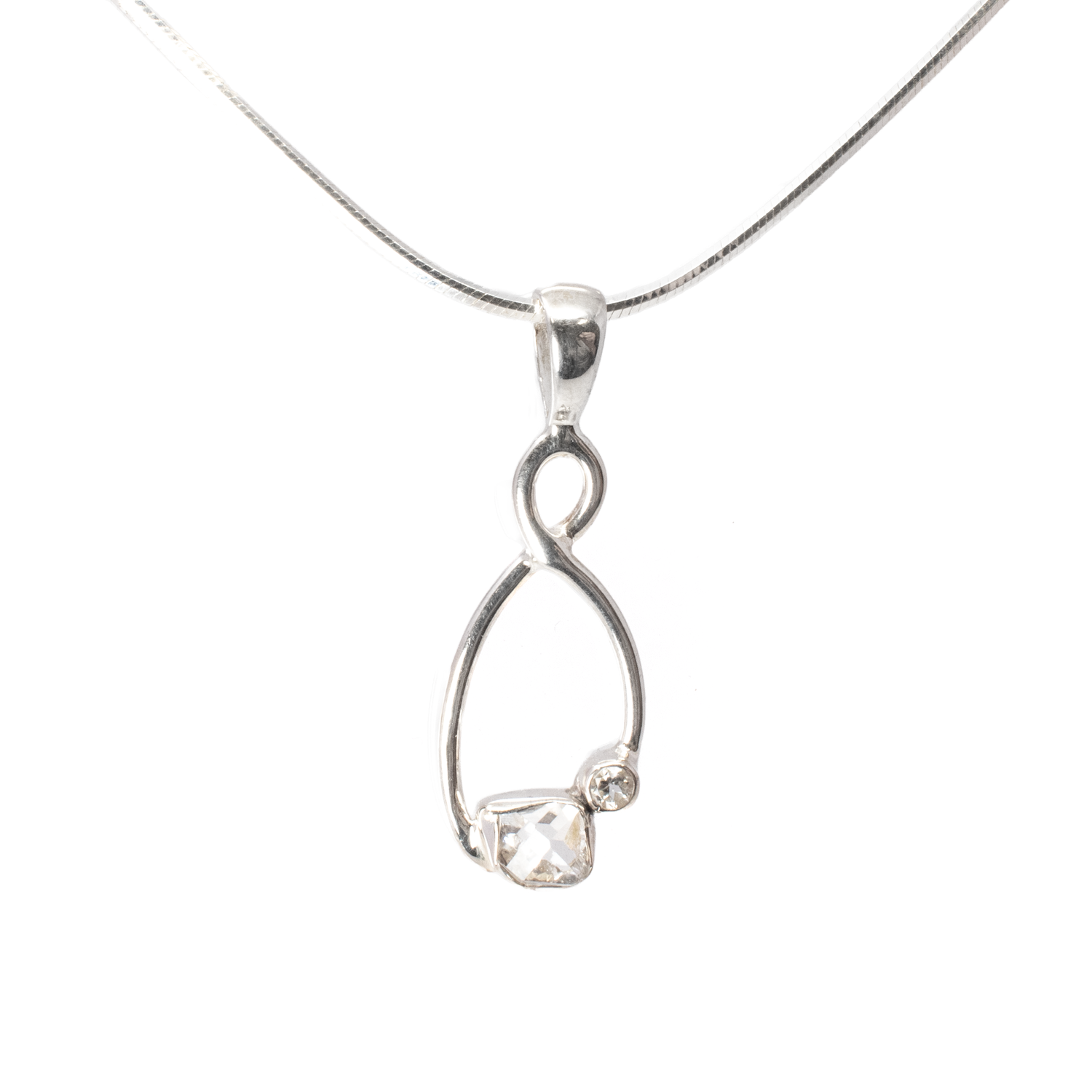 View of Herkimer Diamond Pendant - Freeform with Faceted Quartz Round Set on 925 Sterling Silver Wishbone