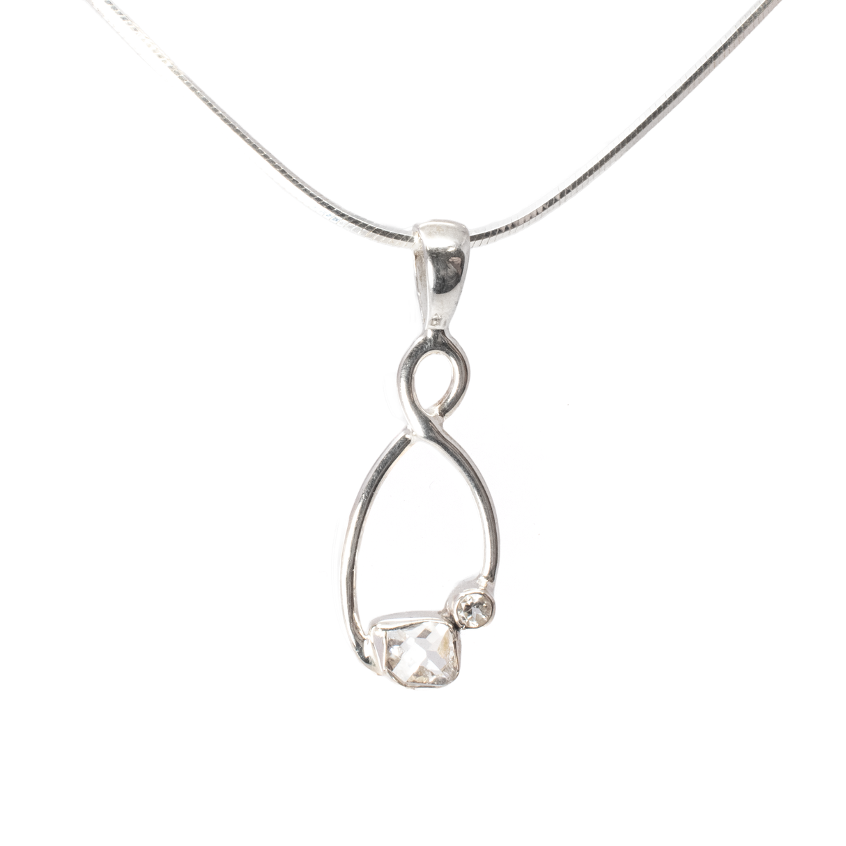 View of Herkimer Diamond Pendant - Freeform with Faceted Quartz Round Set on 925 Sterling Silver Wishbone