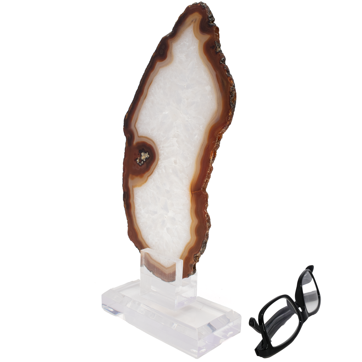 Agate Slice on Screw Stand - Flame Shape with Carnelian Exterior Band & Quartz with Off-White Center