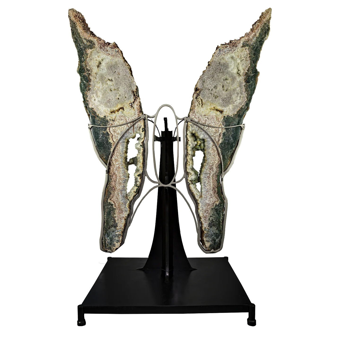 Agate Butterfly Wings with Prasiolite & Pink Calcites on Custom Stand