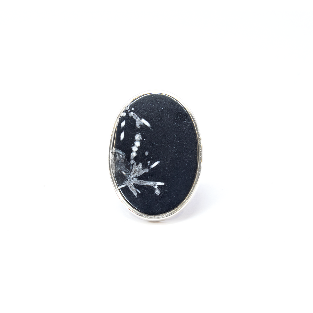 Chrysanthemum Stone Ring - Classic Flat Cut Oval with 925 Sterling Silver Bezel & Band sz8-ADJ