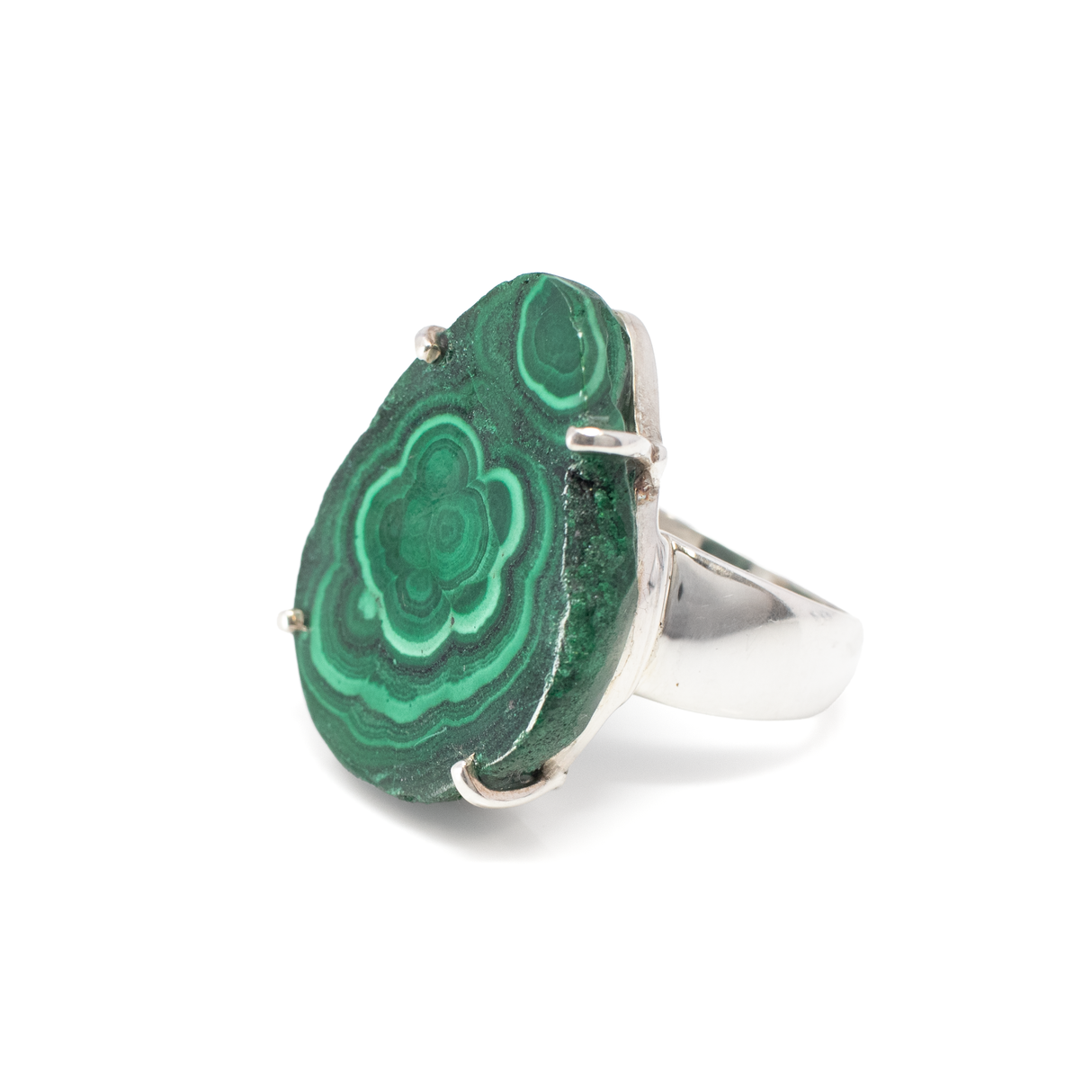 View of Malachite Ring - Botyroidal Pear Slice with Organic Edge Prong Set on 925 Sterling Silver Band sz10