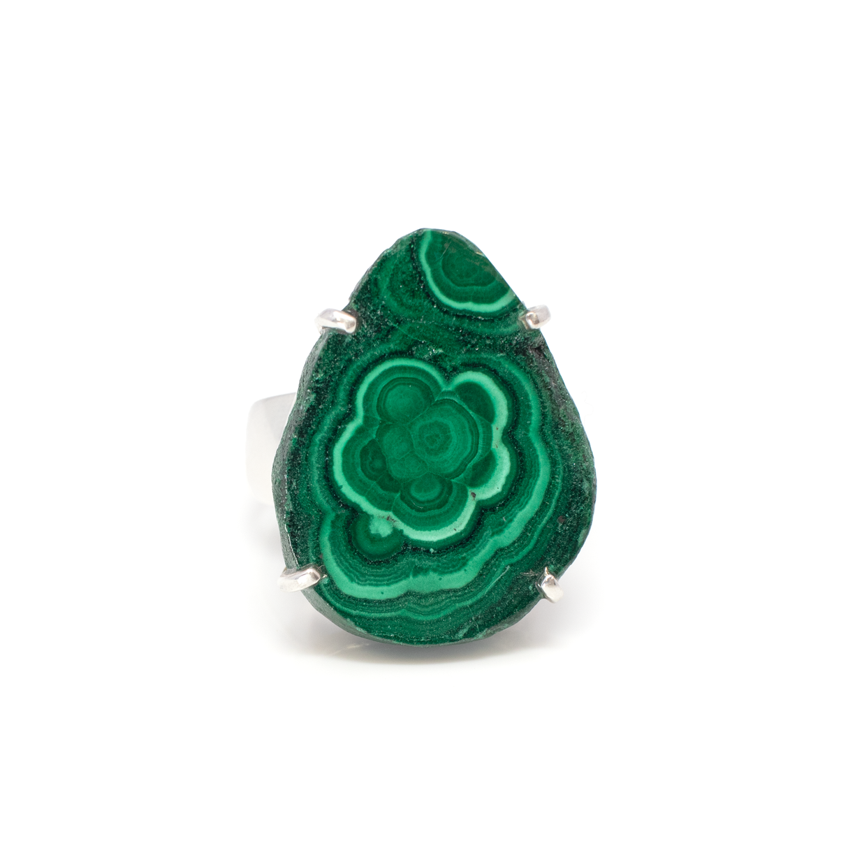 Malachite Ring - Botyroidal Pear Slice with Organic Edge Prong Set on 925 Sterling Silver Band sz10