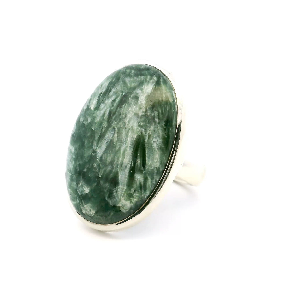 View of Seraphinite Ring - Oval Cabochon with 925 Sterling Silver Bezel & Band sz9.5-Adj