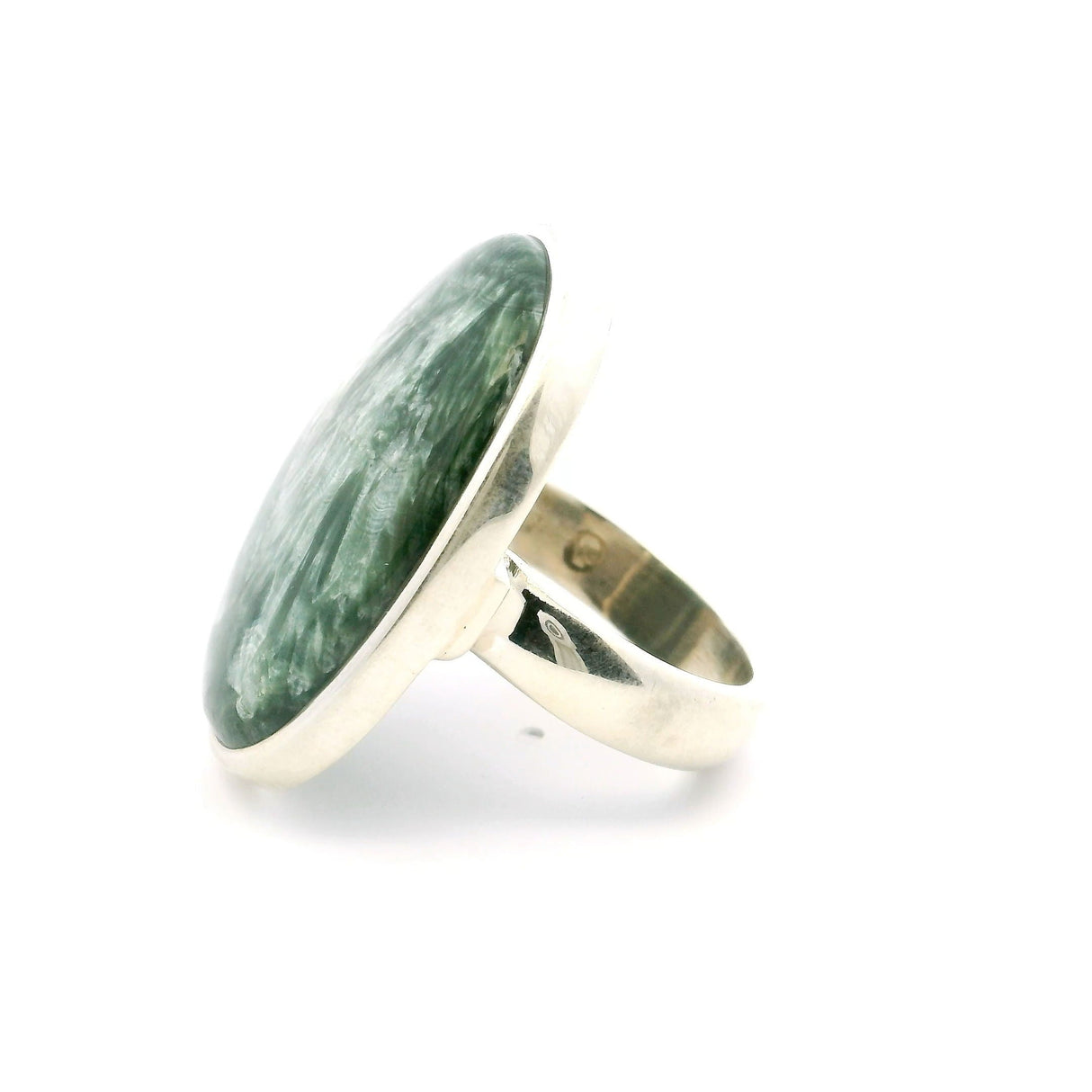 Seraphinite Ring - Oval Cabochon with 925 Sterling Silver Bezel & Band sz9.5-Adj