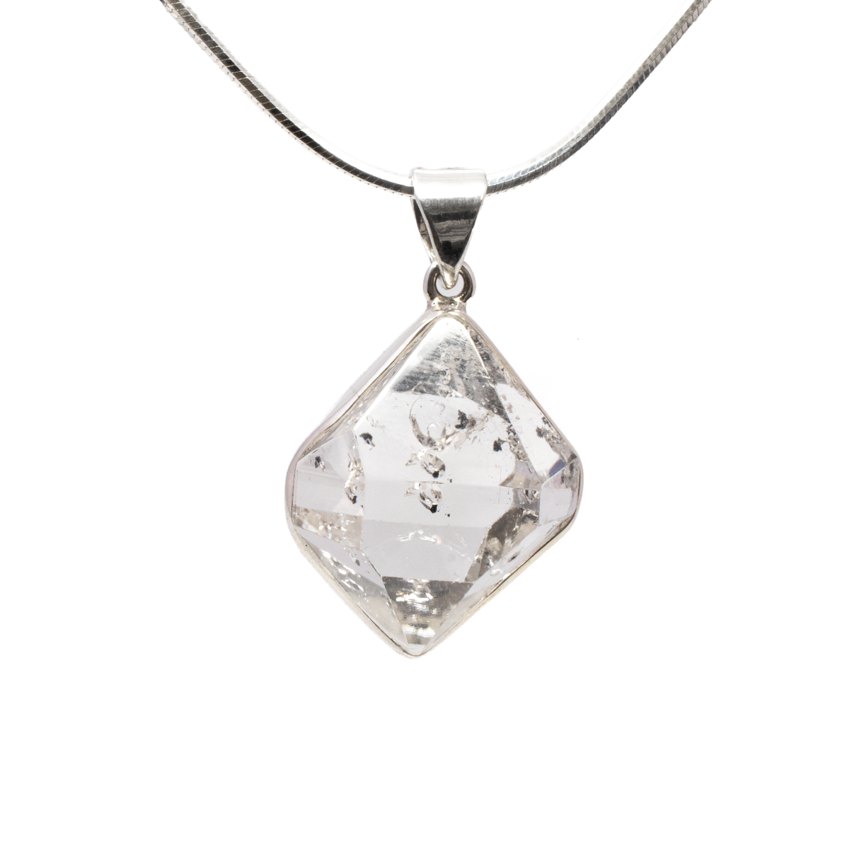 View of Herkimer Diamond Pendant - Wide Faceted Freeform Set in 925 Sterling Silver Bezel