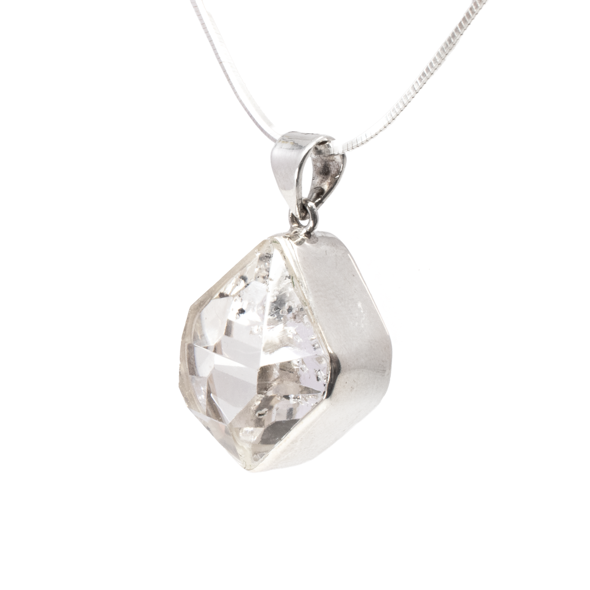 Herkimer Diamond Pendant - Wide Faceted Freeform Set in 925 Sterling Silver Bezel