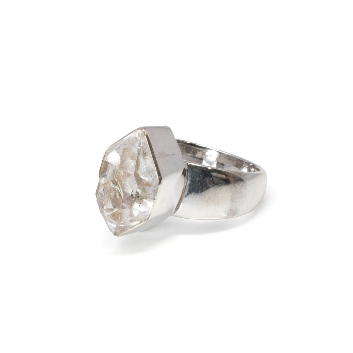 Herkimer Diamond Ring - Cambered Faceted Freeform Set in 925 Sterling Silver Bezel sz7.5
