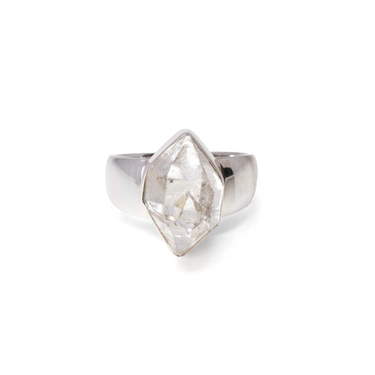 View of Herkimer Diamond Ring - Cambered Faceted Freeform Set in 925 Sterling Silver Bezel sz7.5